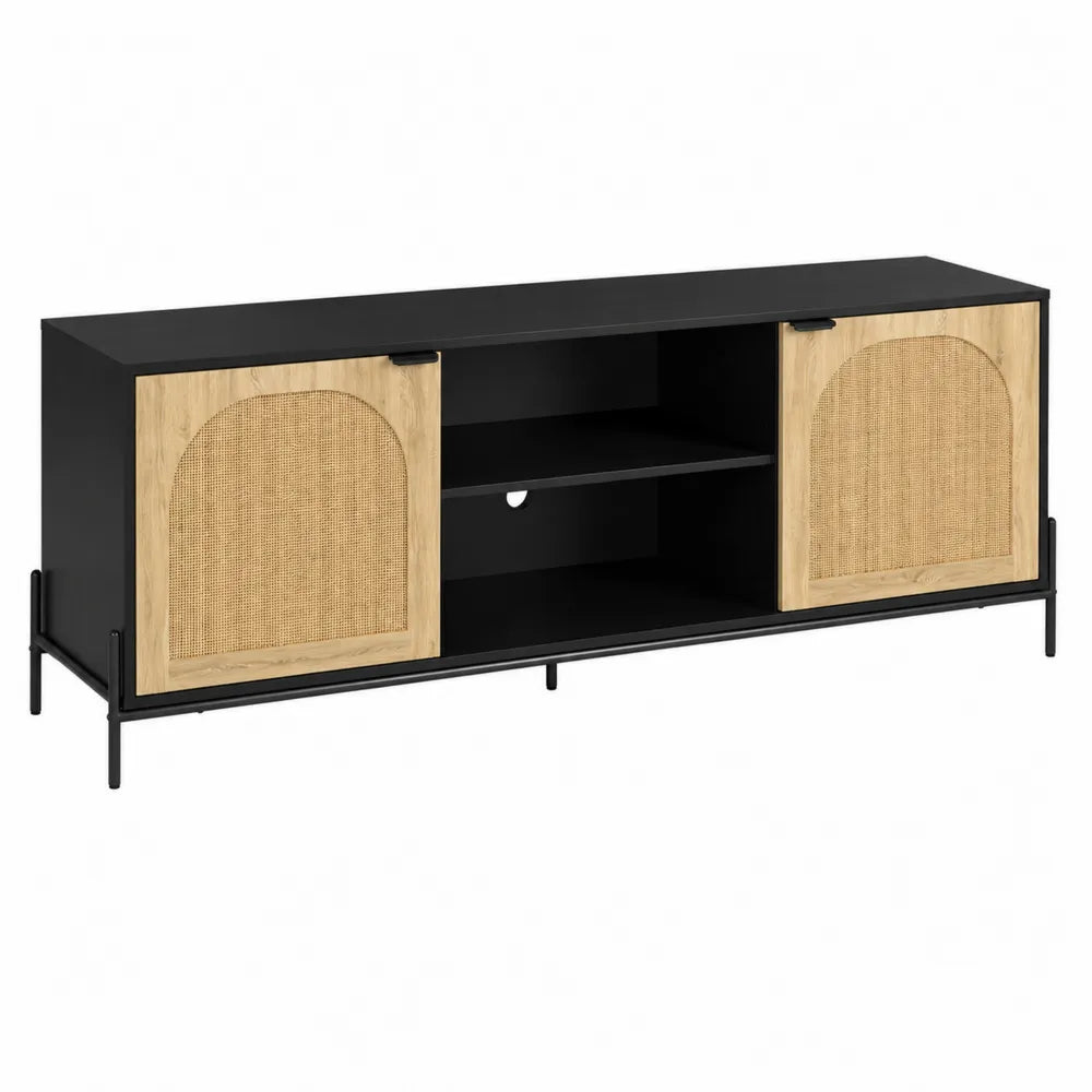 Szafka RTV z drewna sosnowego i rattanu, czarno-naturalna, 120 cm