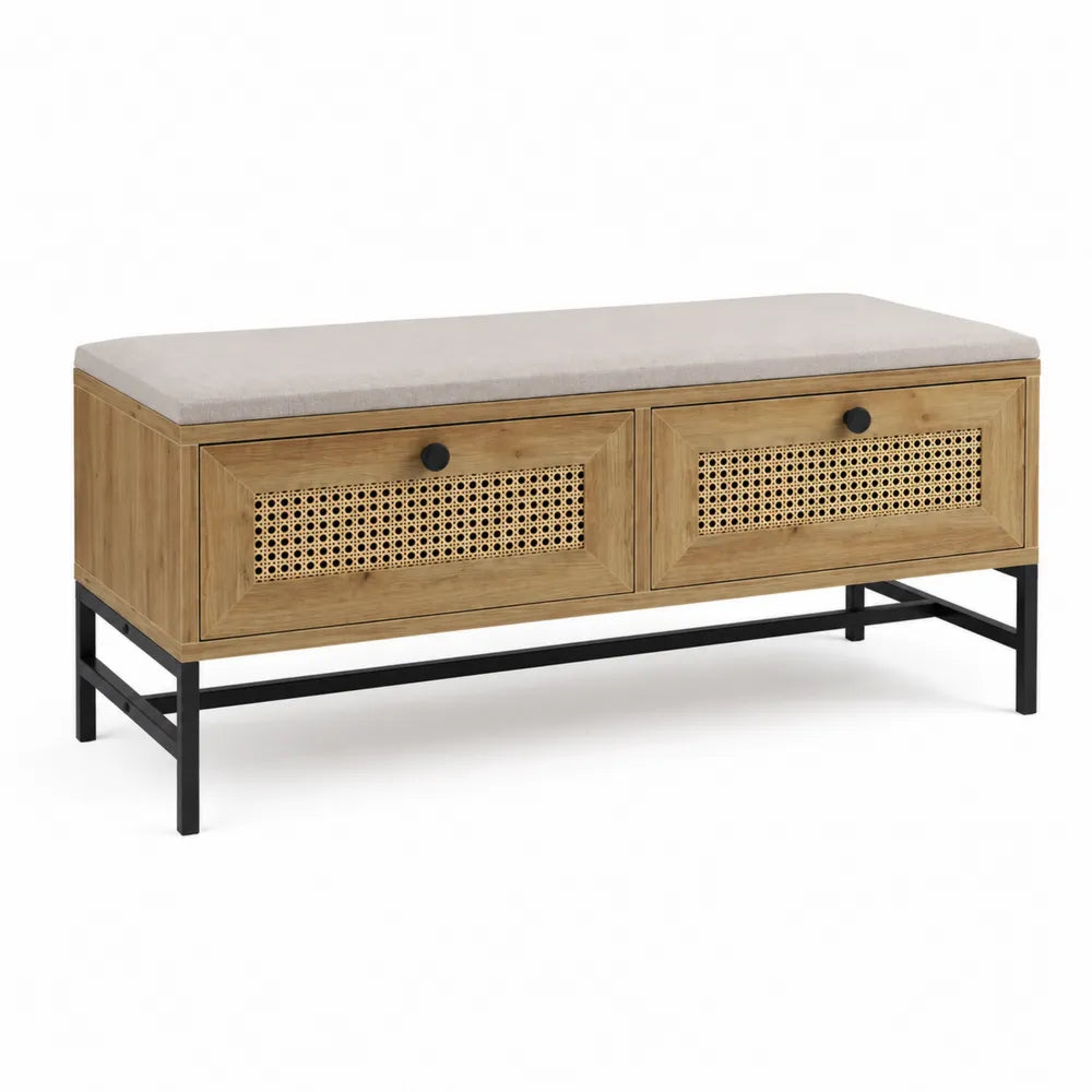 Ławka z drewna sosnowego i metalu z siedziskiem tapicerowanym i panelami rattanowymi, 100x40x45 cm