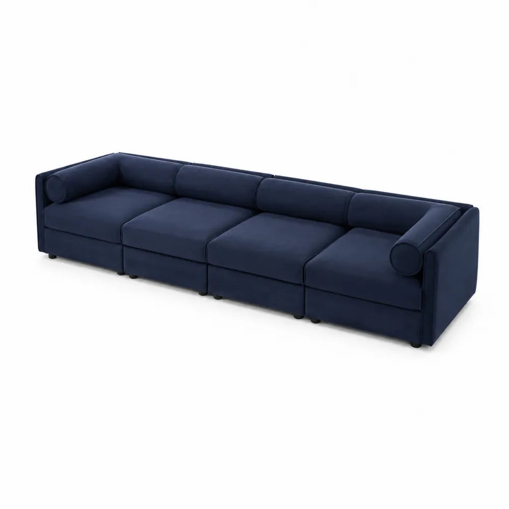 Sofa modułowa granatowa welurowa z drewnianą ramą